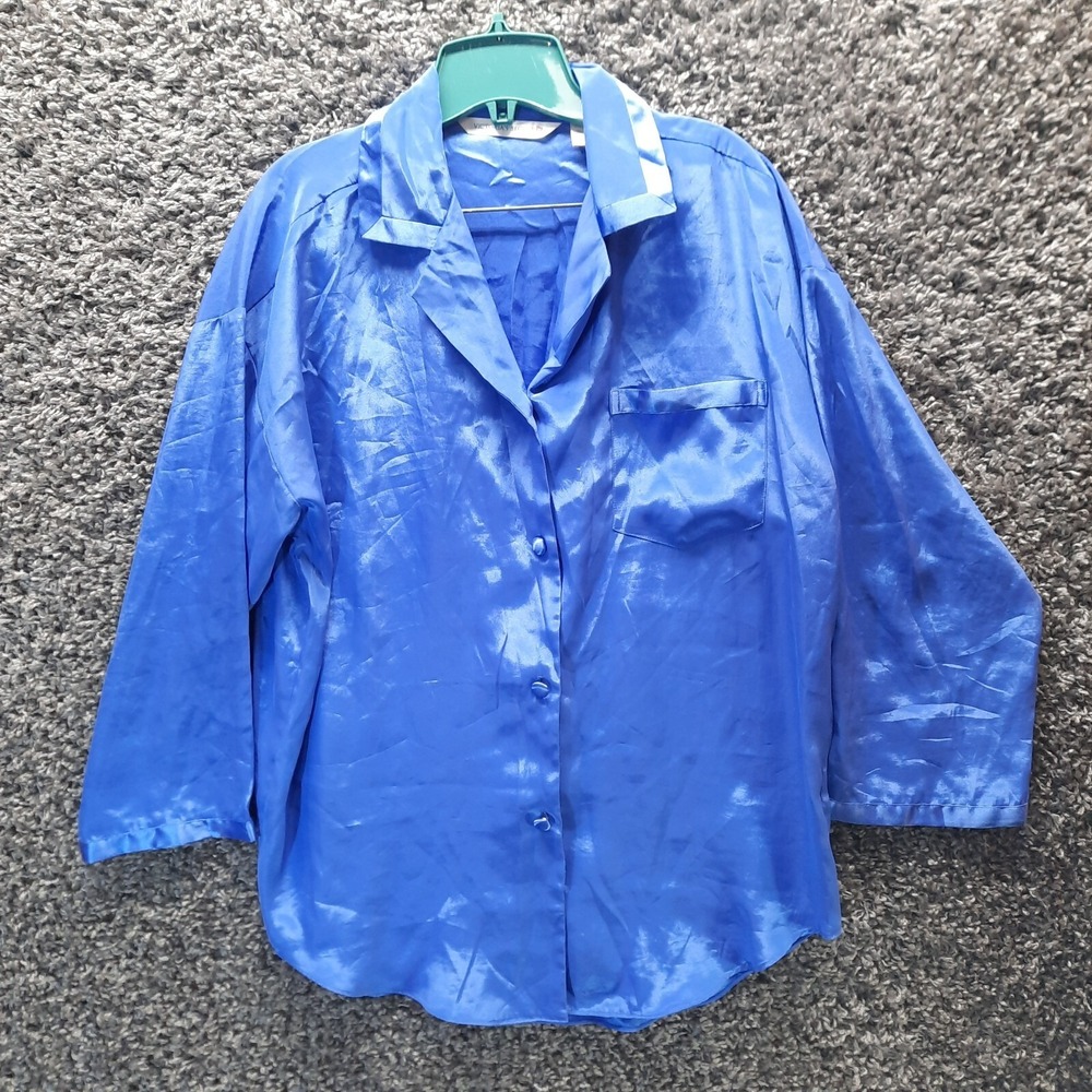 VTG Victoria Secret PJ Top Sleep Shirt Women Small Blue Satin Sleepwear Cute